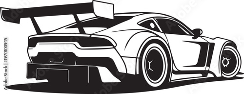A sleek and modern sports car with a large spoiler is shown in a minimalist illustration style.