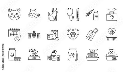 Two Color Cat Care Icons Set Editable Stroke Pet Vet Food Insurance Outline Vector