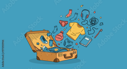 A colorful illustration of a suitcase with clothes and personal items flying out, conveying a sense of travel, organization, and chaos.