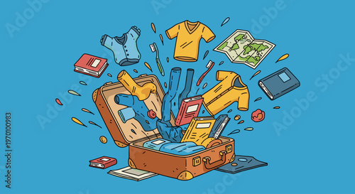 A cartoon-style illustration of a suitcase with travel items flying out, conveying a sense of excitement and chaos associated with packing and travel.