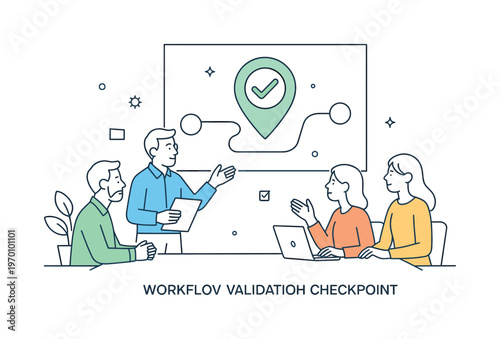 A clear workflow validation checkpoint scenario where a team reviews task outcomes and confirms readiness before moving forward during a planning