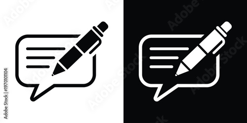 Speech bubble icon with a pencil, illustrating message composition, online feedback, customer review, chatting, and digital communication interface for mobile and web.