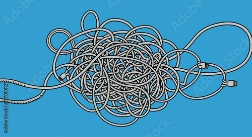 An illustration of a tangled mess of cables on a blue background, representing disorganization and complexity.