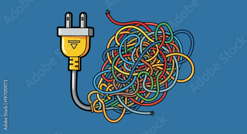 A colorful illustration of a tangled mass of electric cables plugged into a yellow power outlet on a blue background, conveying chaos and disorganizat