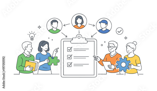 A team coordination and shared responsibility scene featuring a small group distributing work around a large clipboard and user icons, using a simple