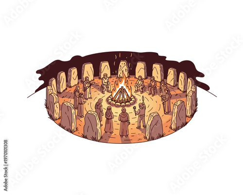 Illustration of a group of robed figures gathered around a central bonfire within a circle of ancient standing stones, performing a ritual.