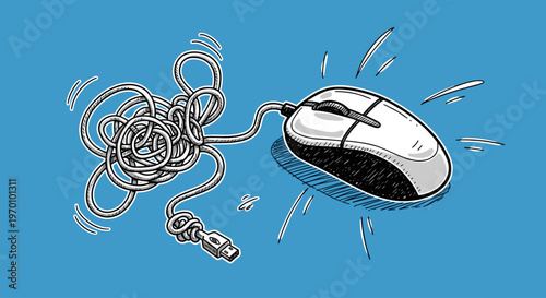 A chaotic tangled cord pulls away from a computer mouse on a blue background, conveying frustration and disconnection.