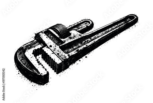 A heavy industrial pipe wrench shown in three-quarter perspective, angled so the adjustable jaw and long handle dominate the frame, filling most of