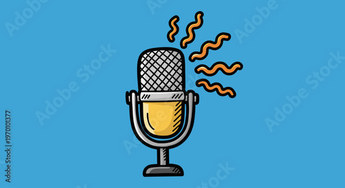 A stylized illustration of a vintage microphone with a pop art feel, emitting sound waves against a bright blue background, conveying energy and creat