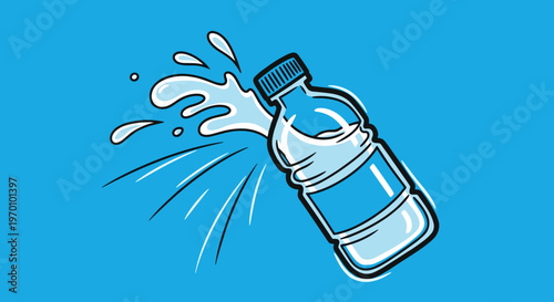 A playful illustration of a water bottle with a splash of water coming out, conveying freshness and hydration.