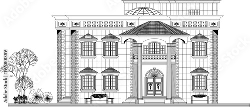 Architectural Design Document Showcasing Front Elevation of a Mid-Rise Building with Technical Grid Systems and Structural Load Indicators 