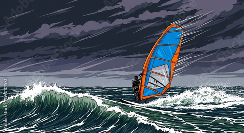 Professional vector illustration of windsurfer battling massive ocean waves during intense stormy weather with dark ominous clouds and high wind