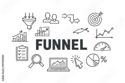 Clear funnel analytics and conversion tracking concept focused on measuring user flow, identifying drop-off points and optimizing performance across