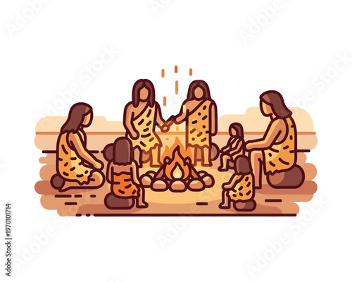 A group of early humans, including adults and children, gathered around a warm campfire in a prehistoric setting.