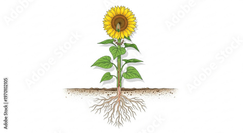 Cross section of sunflower plant showing root system and internal structure vector illustration