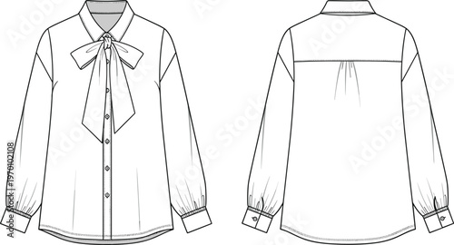 Elegant women blouse front and back view vector illustration long sleeve bow tie shirt mockup template formal apparel clothing
