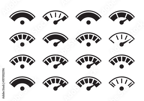 Collection of black vector speedometer icons illustrating different levels of speed, measurement, and status.