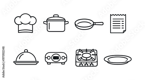 Restaurant kitchen workflow: chef hat, cooking pot, frying pan, order ticket, food tray, kitchen timer, stove burner, serving plate