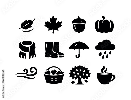 Autumn season: falling leaf, maple leaf, acorn, pumpkin, scarf, boots, umbrella, rain cloud, wind swirl, harvest basket, tree with falling leaves, hot