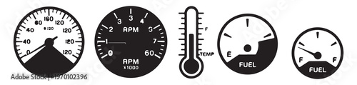 Assorted automotive instrument cluster icons including speedometer rpm tachometer fuel and temp gauge.