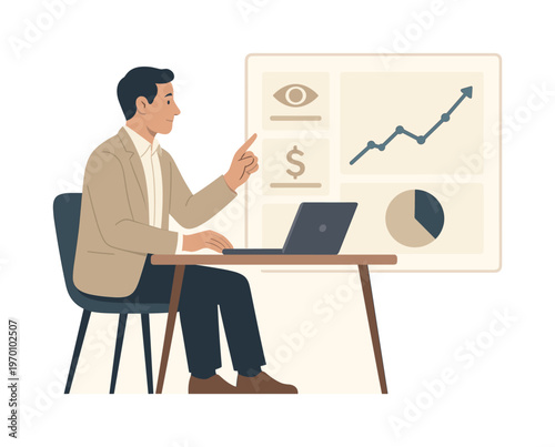A professional maintaining clear financial outlook tracking in a structured routine, seated with a laptop while interacting with a simple projection