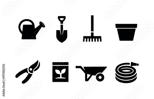 Gardening tools: watering can, shovel, rake, plant pot, pruning shears, seed packet, wheelbarrow, garden hose