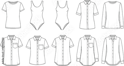 Fashion clothing outline set with shirts, bodysuits and tops, front view apparel templates for garment design and technical illustration
