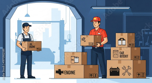 Professional automotive technicians unloading spare parts boxes at a modern vehicle repair workshop facility flat vector illustration design concept