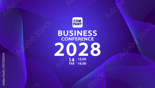 Futuristic tech summit virtual background with cinematic purple and pink light flare effects.