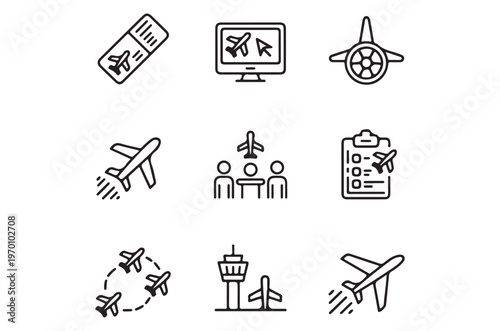Collection of travel icons depicting airplanes tickets and destinations