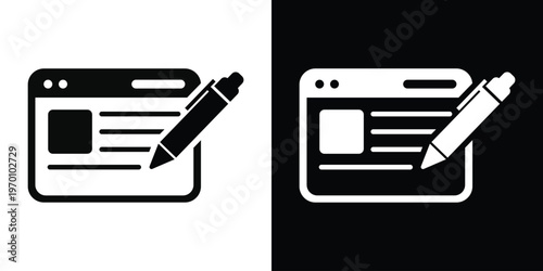 Vector illustration of a web browser window with a pencil, symbolizing website design, online content editing, blogging, and interface development in flat black and white styles.