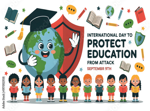 Smiling globe with graduation cap holding shield surrounded by children with books vector illustration EPS PNG file