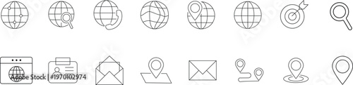 Global communication and location line icons
World map navigation outline symbols
Internet globe and pin vector set