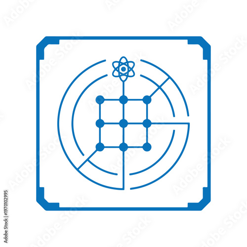 Abstract blue icon featuring a grid network and an atom symbol for scientific data visualization Vector, illustration