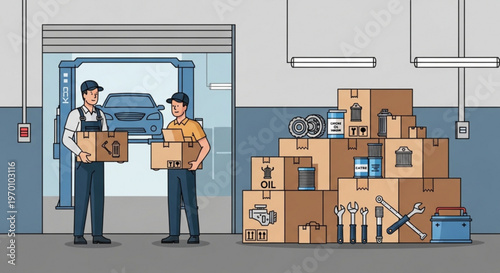 Automotive shop interior with two mechanics carrying spare parts boxes in front of a car service bay flat vector illustration for auto repair business