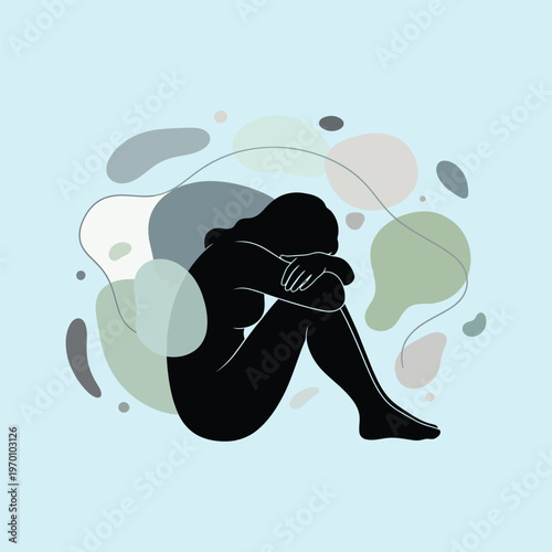Woman in meditation pose with floating pastel bubbles against light background