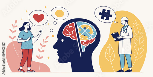 Mental health set vector background. Collection of different illustration with sad and happy people, two side brain, doctor add together puzzle of human head, psychotherapy, connection mind concept .v