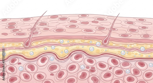 Medical illustration of human skin structure cross section showing epidermis dermis and hypodermis layers for dermatology and beauty science education