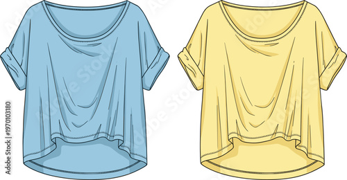 Loose casual t-shirt mockup illustration with draped fabric folds, front view apparel template for fashion design and clothing branding