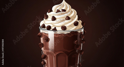 Delicious chocolate milkshake in tall glass with whipped cream topping and dark chocolate chips isolated on dark brown background vector illustration