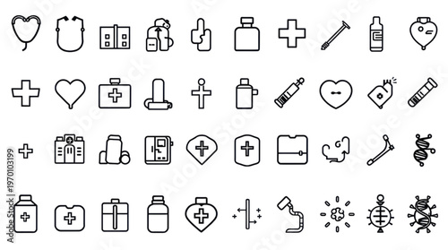 Medical Healthcare Science Outline Icons Collection on Transparent Background