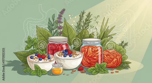 Healthy gut microbiome concept with fermented foods and probiotic ingredients vector illustration for nutrition and digestive health awareness
