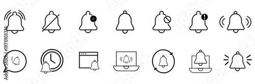 Web Notification bell line icons set
Alert reminder outline symbols collection
Bell notification vector icons pack