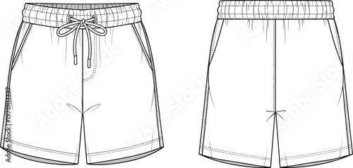 Men casual shorts front and back view vector illustration, drawstring waistband apparel mockup template summer clothing design outline