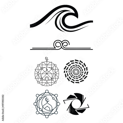 Collection of abstract graphic elements including a wave, divider, geometric patterns, and camera aperture