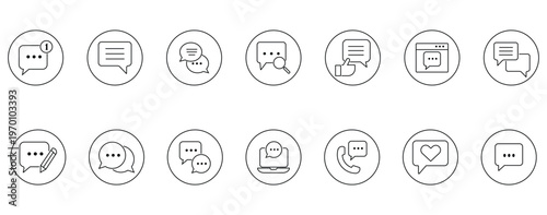 Chat communication circle line icons
Messaging UI outline round symbols
Speech bubble app icon set