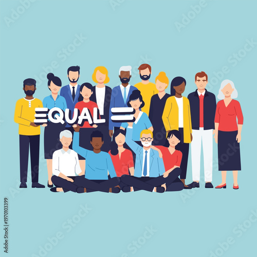 Diverse group of people holding the word EQUAL and the equals sign in a flat design illustration