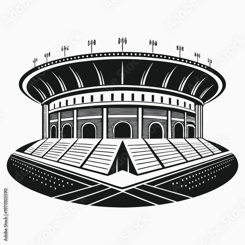 ikon siluet stadion olahraga modern dengan desain arsitektur arena geometris minimalis hitam putih