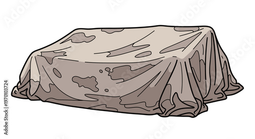 Covered object with a dusty sheet in cartoon style  