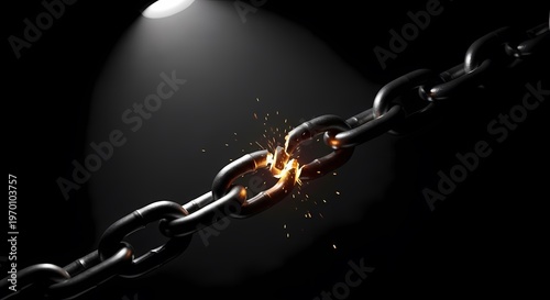 Broken metal chain link with sparks on black background